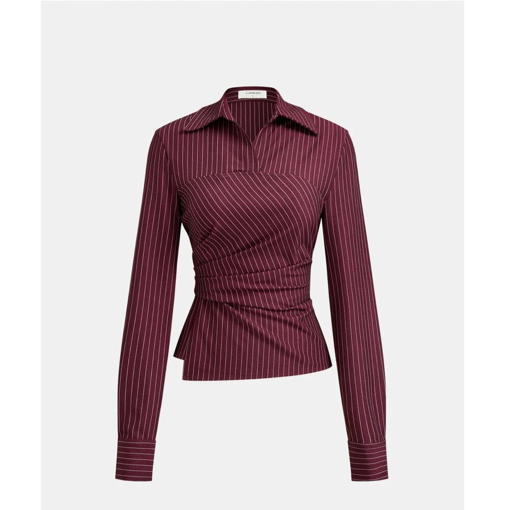 NWT Commense Pinstripe Ruched Collared Blouse Sz M
